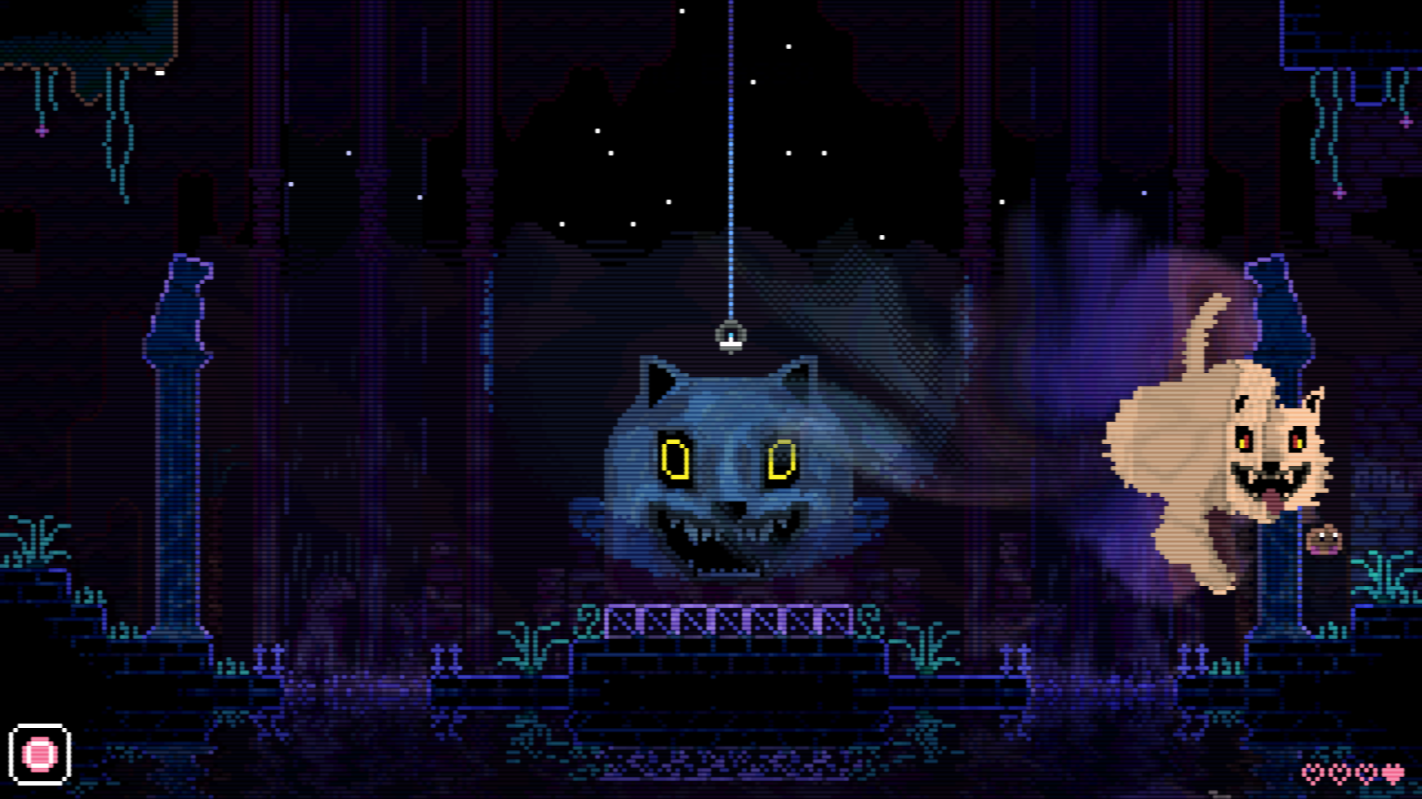 A computer animation of a giant grey cat face with yellow glowing eyes. To the right of the image is a smaller beige cat with glowing eyes.