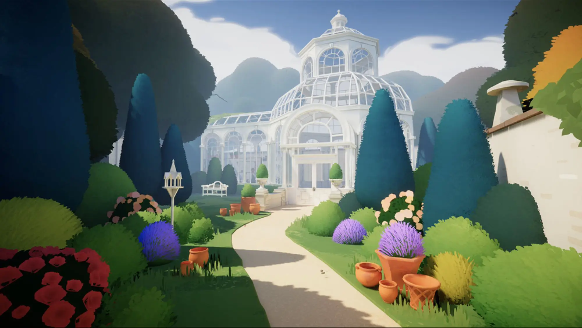 A colourful computer image of a garden with a path leading to a glass house.