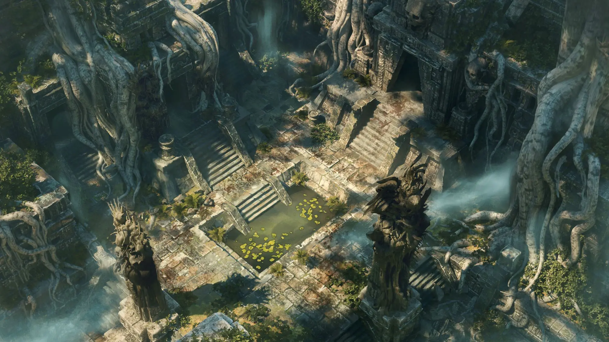 A mystical temple atrium with a rectangular pond with leaves floating in.