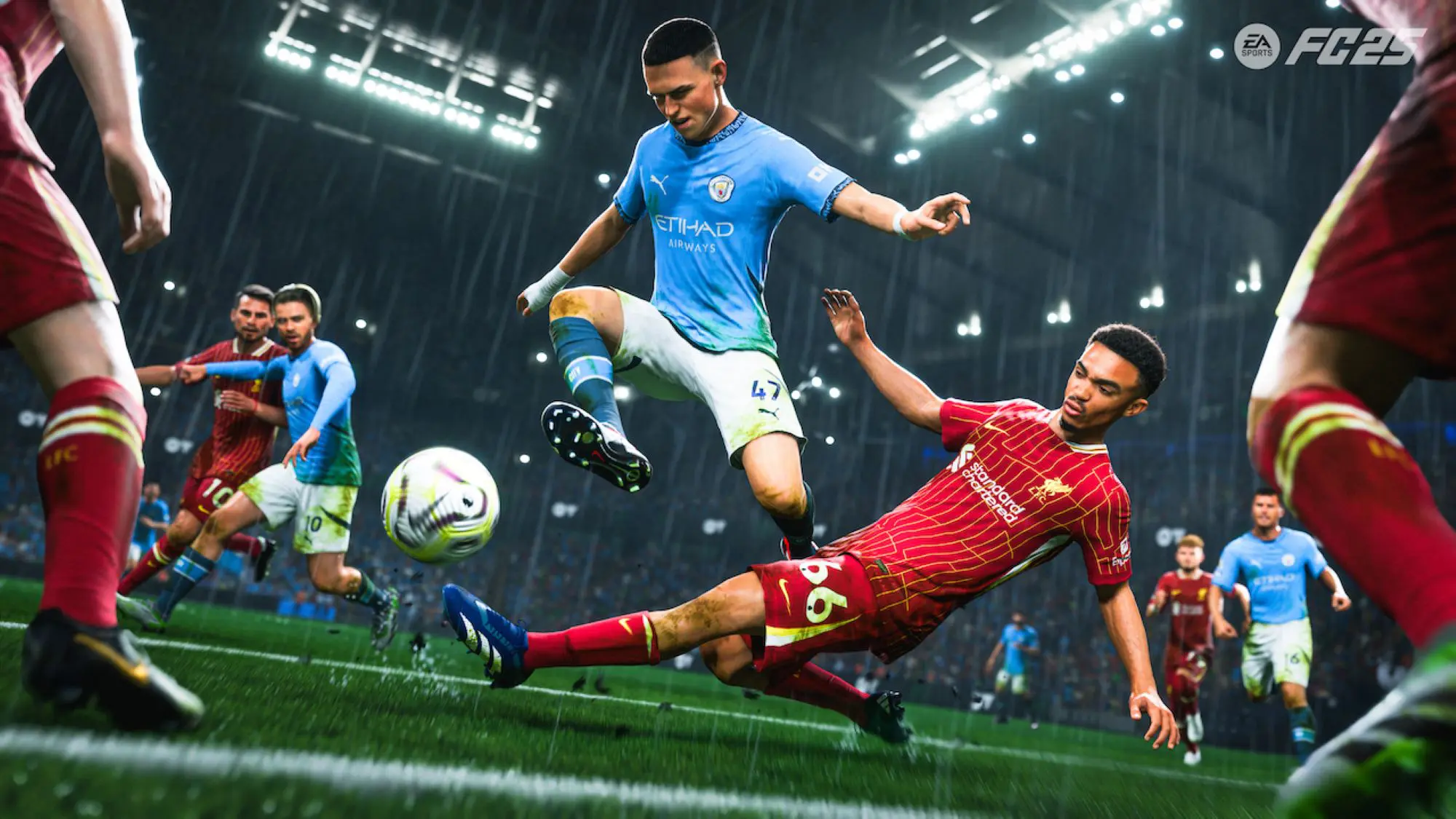 A computer image of footballers. One team is in blue and one is in red.