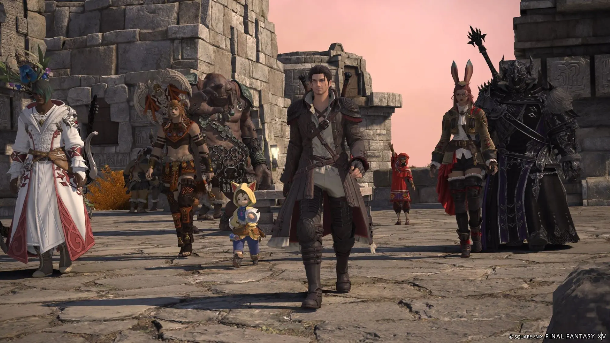 An animated figure of a man with a long coat, shoulder pads and two swords on his back with mystically dressed figures around him including a woman with rabbit ears.