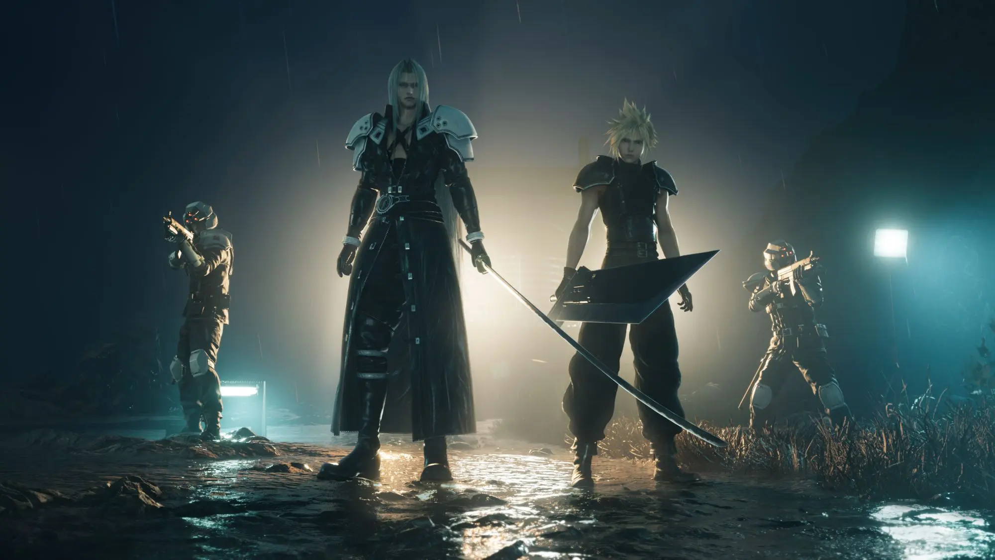 Two warriors with large blades with two figures holding guns behind them.