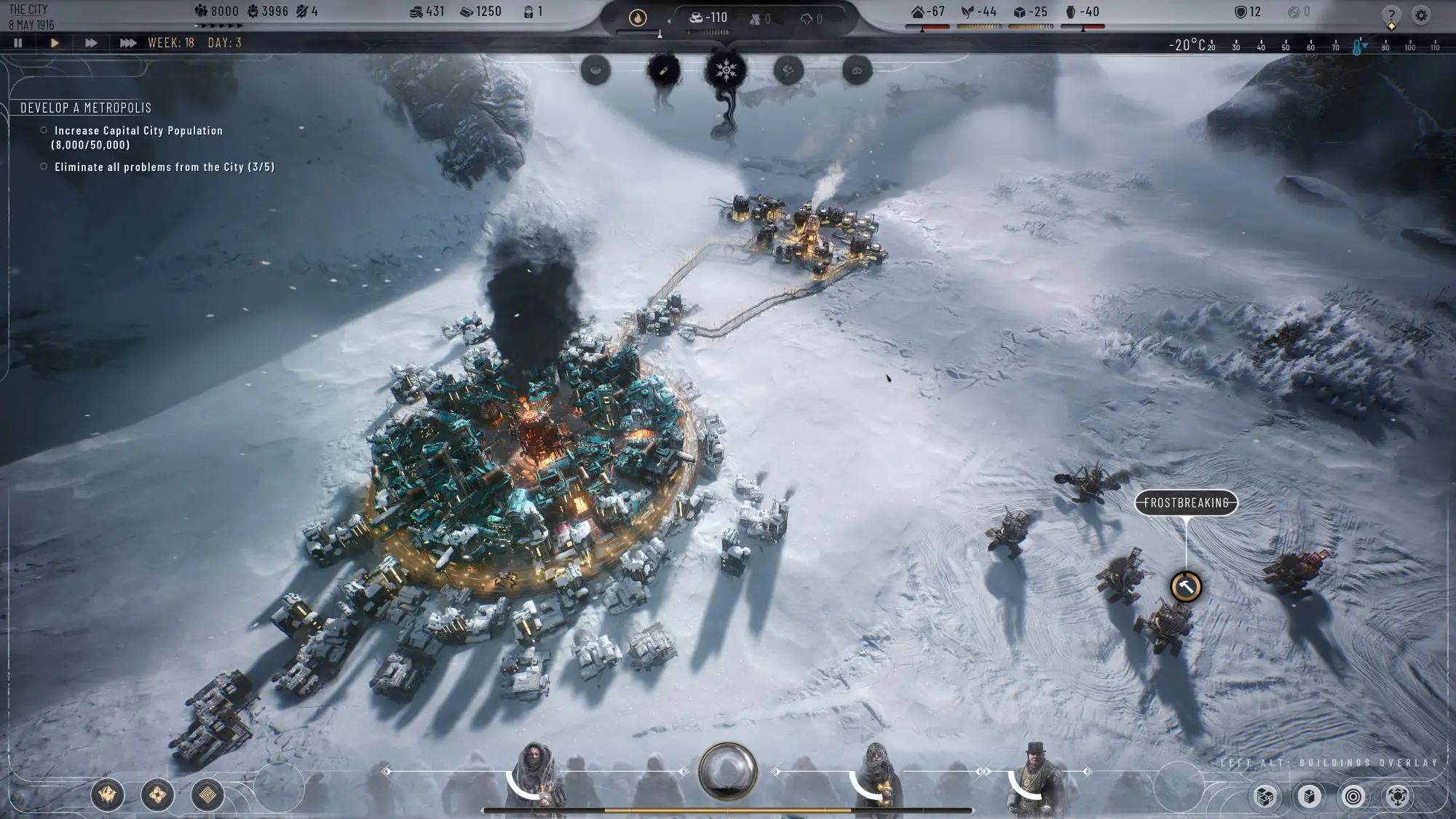 A snowy landscape with a circular base in the middle with a large glowing round building in the middle.