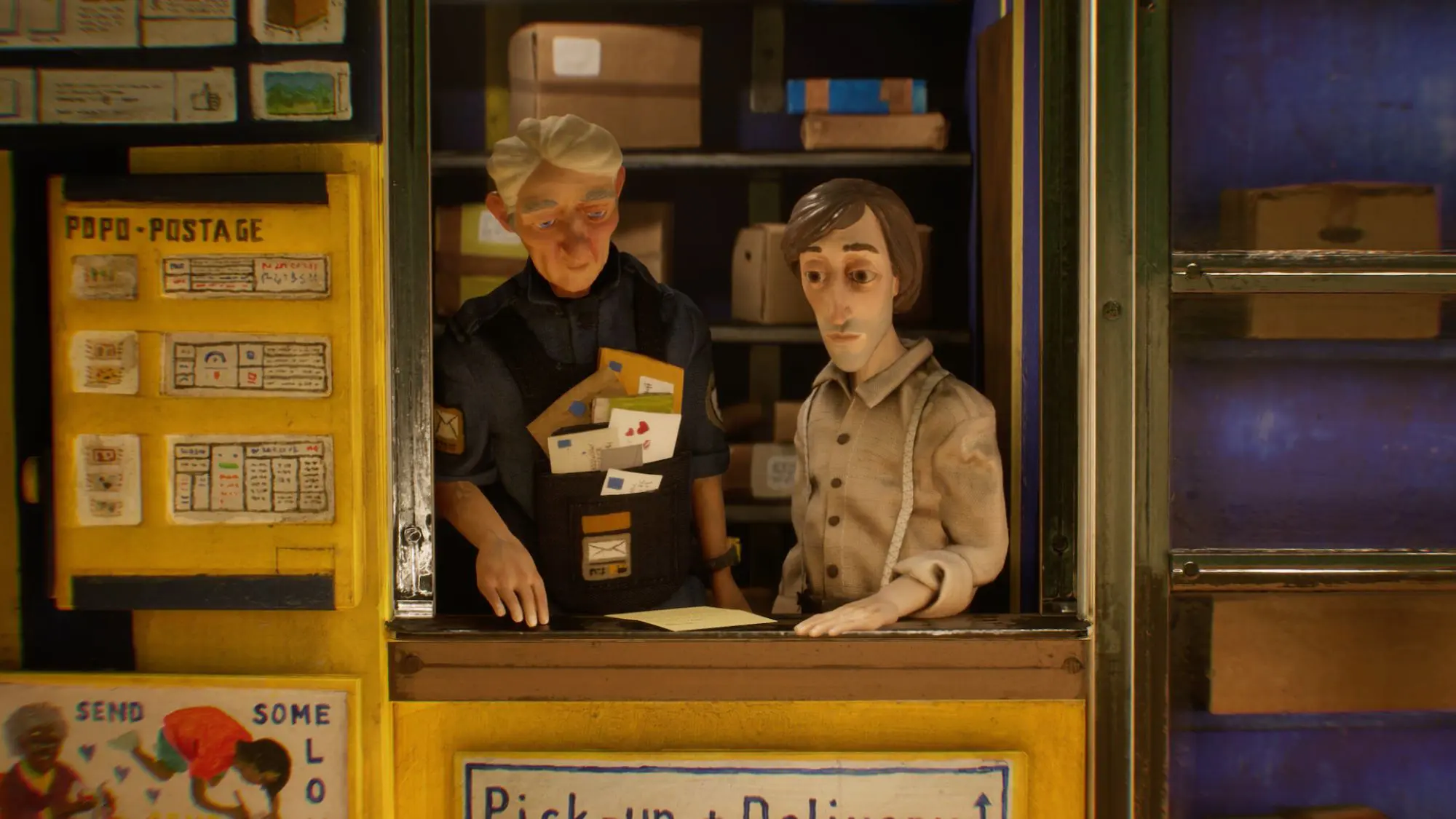 Model like figures of two men stood in a Post Office window hatch.
