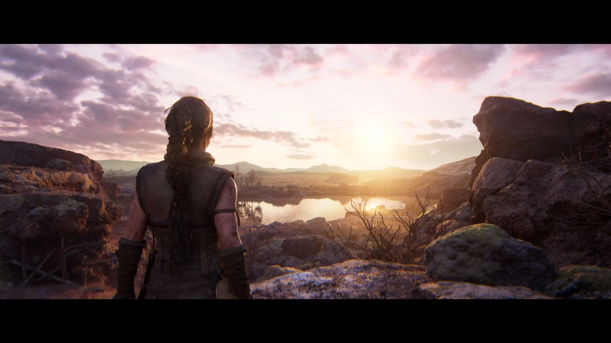 A figure with long plaited dark hair looking out over a lake and valley at sunrise.