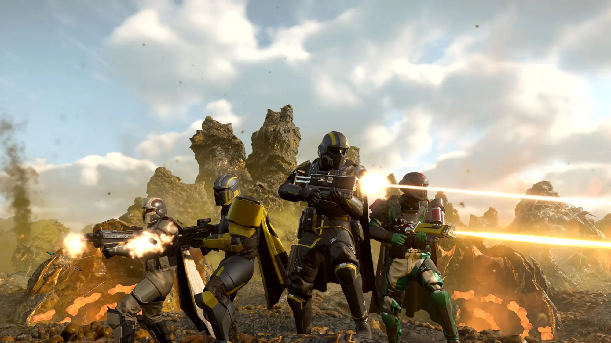 Four figures dressed in protective gear, helmets and capes firing laser guns.