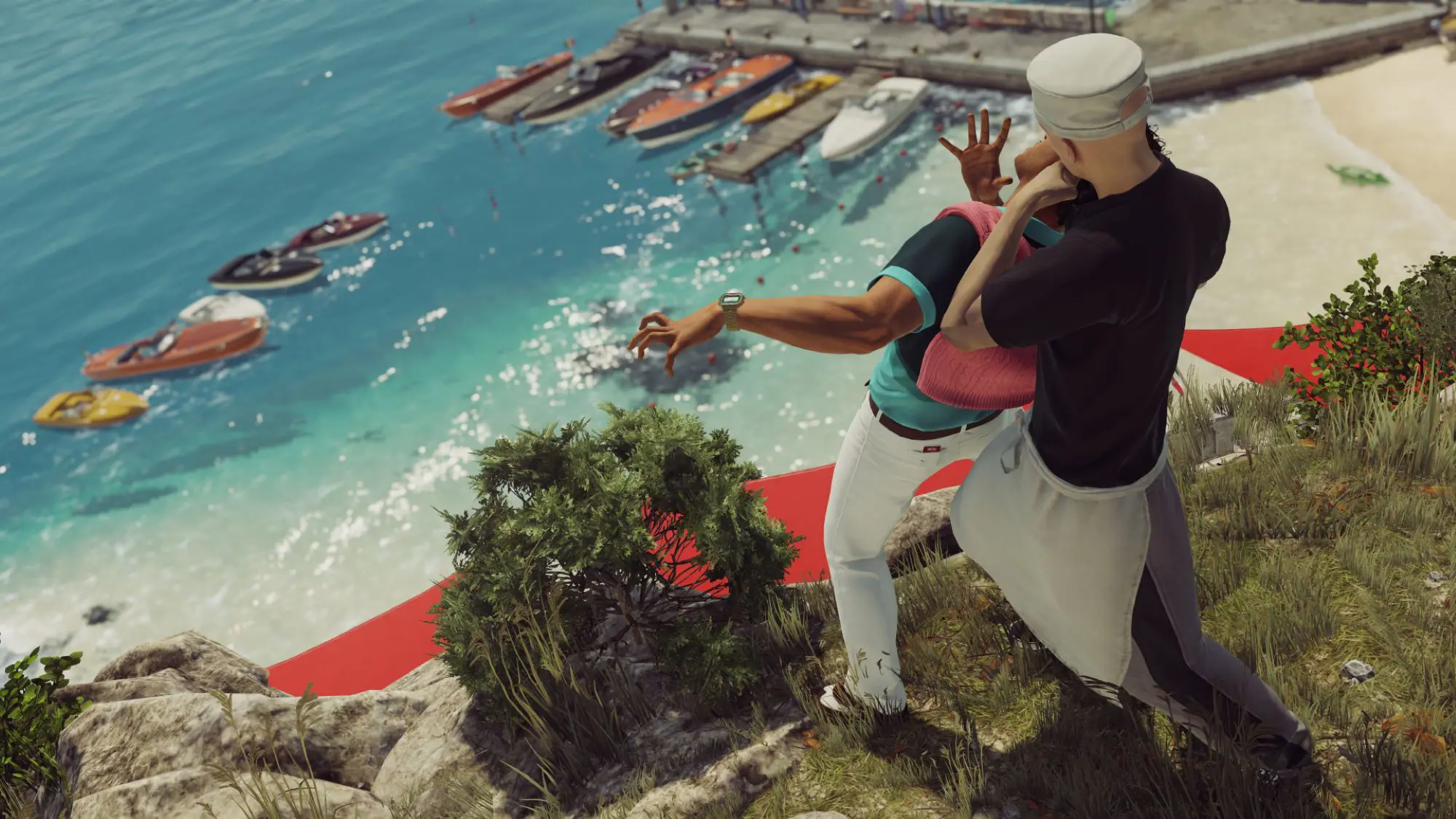 Two characters on a cliff edge with water and boats below. One is wearing a white hat and apron and has his hand around the head of the other character.