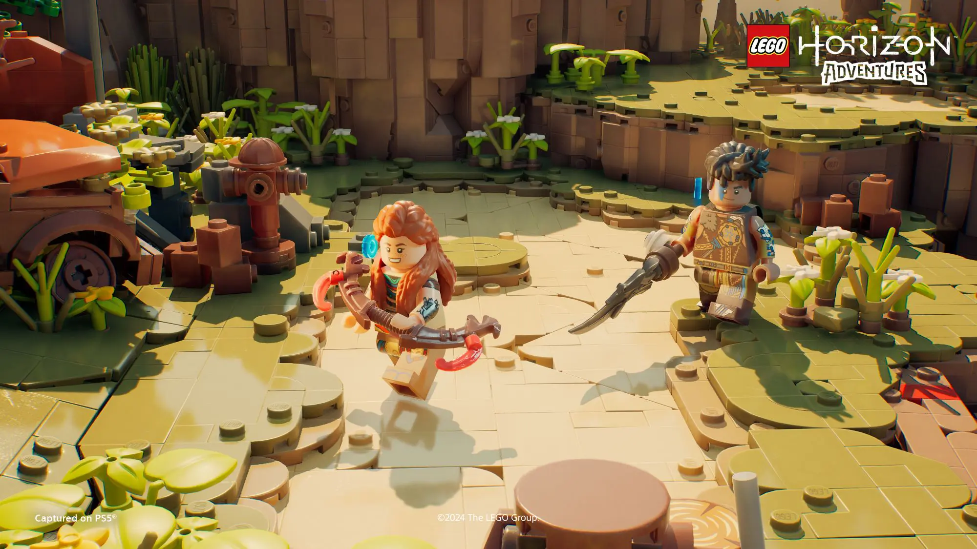 Two lego figures in a lego forest holding crossbows and swords.