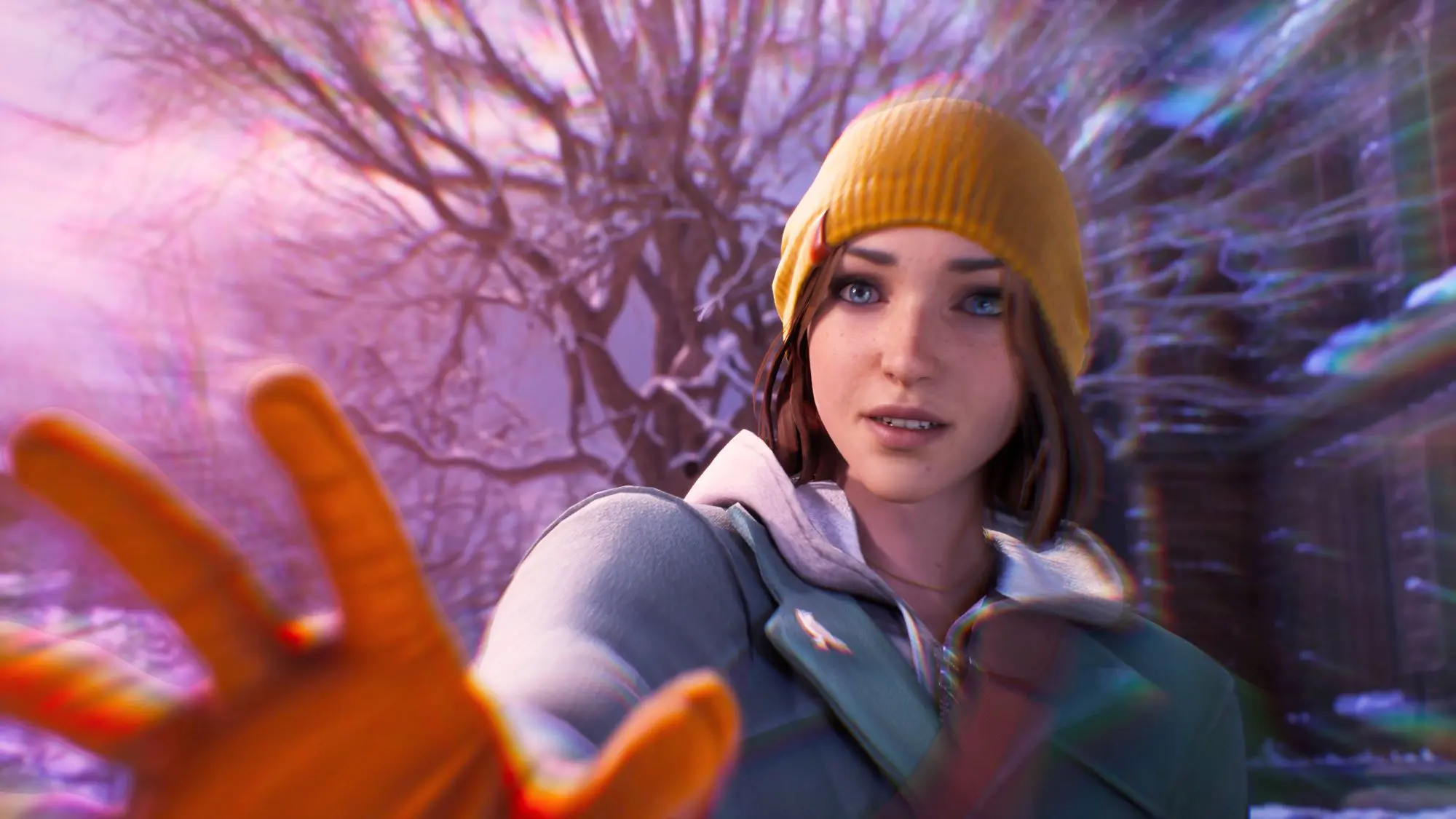 A lifelike animation of a girl with bobbed brown hair and blue eyes wearing a yellow hat and with her hand outstretched.