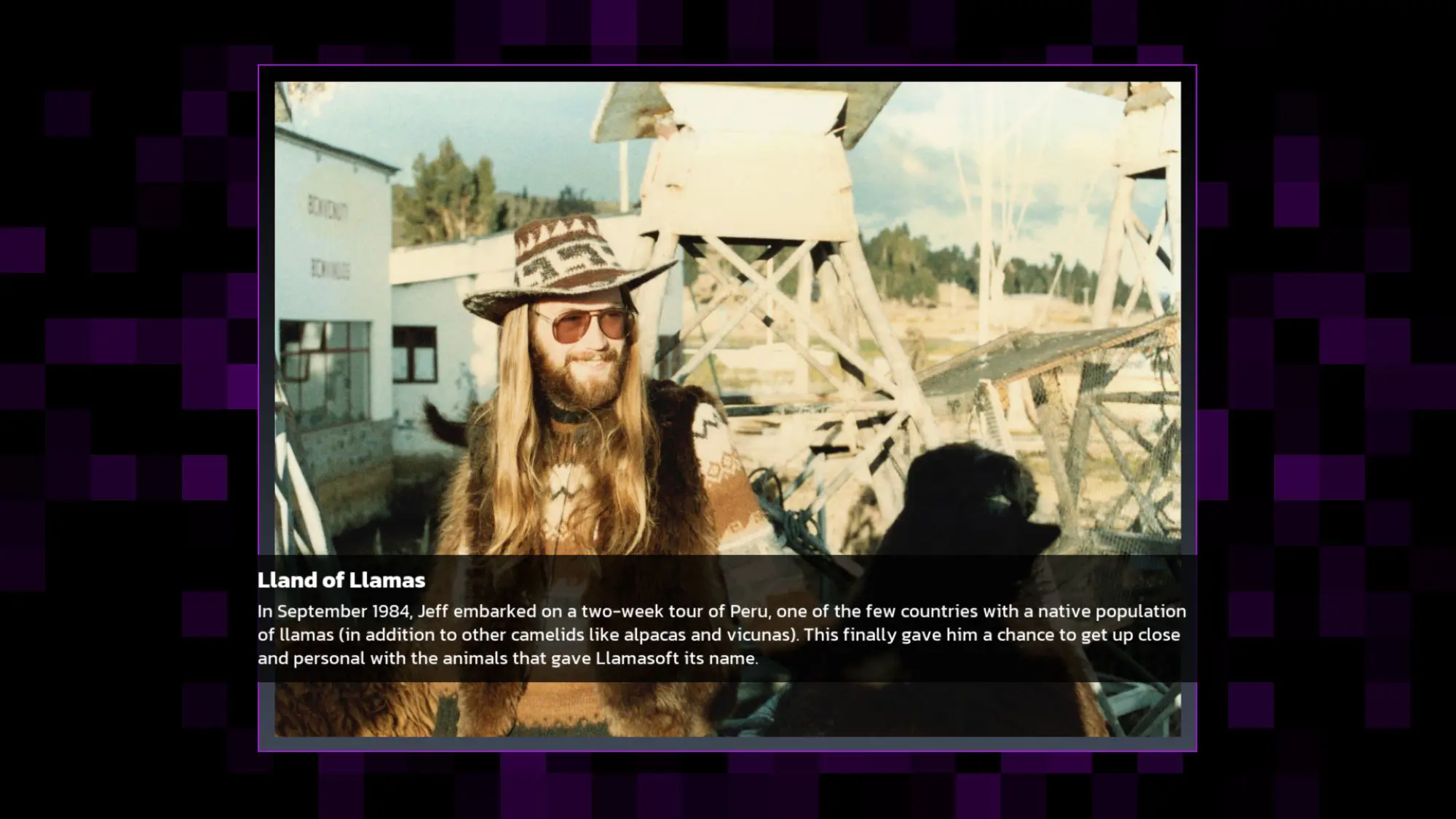 An old photo of a man with long blonde hair wearing a patterned wide rimmed hat, brown tinted aviators and a brown and white knitted jumper. A panel across the bottom of the screen says Land of Llamas followed by some background text.