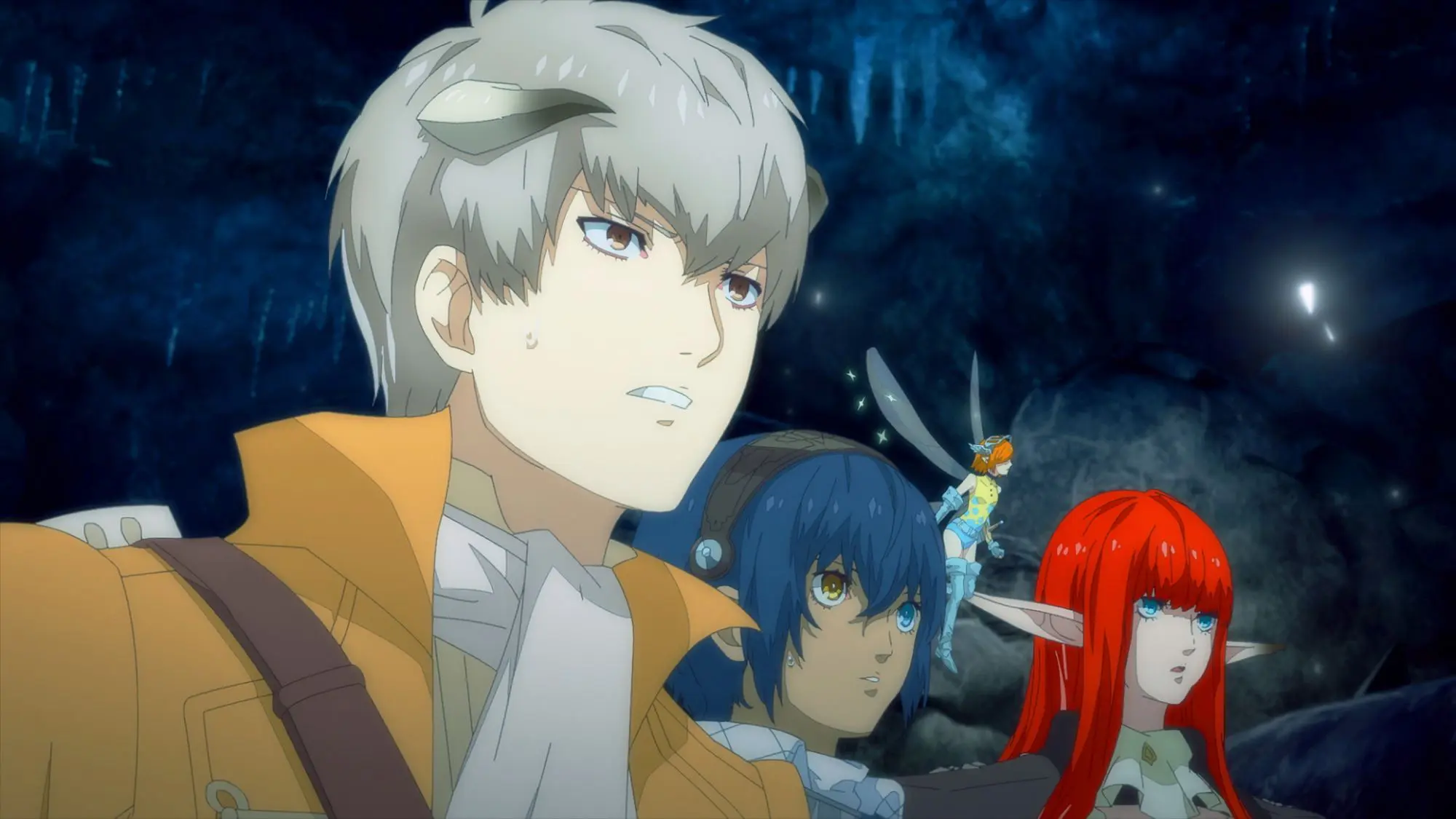 Three anime characters accompanied by a fairy. One has grey hair and mini horns, one has blue hair and a dark headband and one has red hair with a fringe and pixie ears.