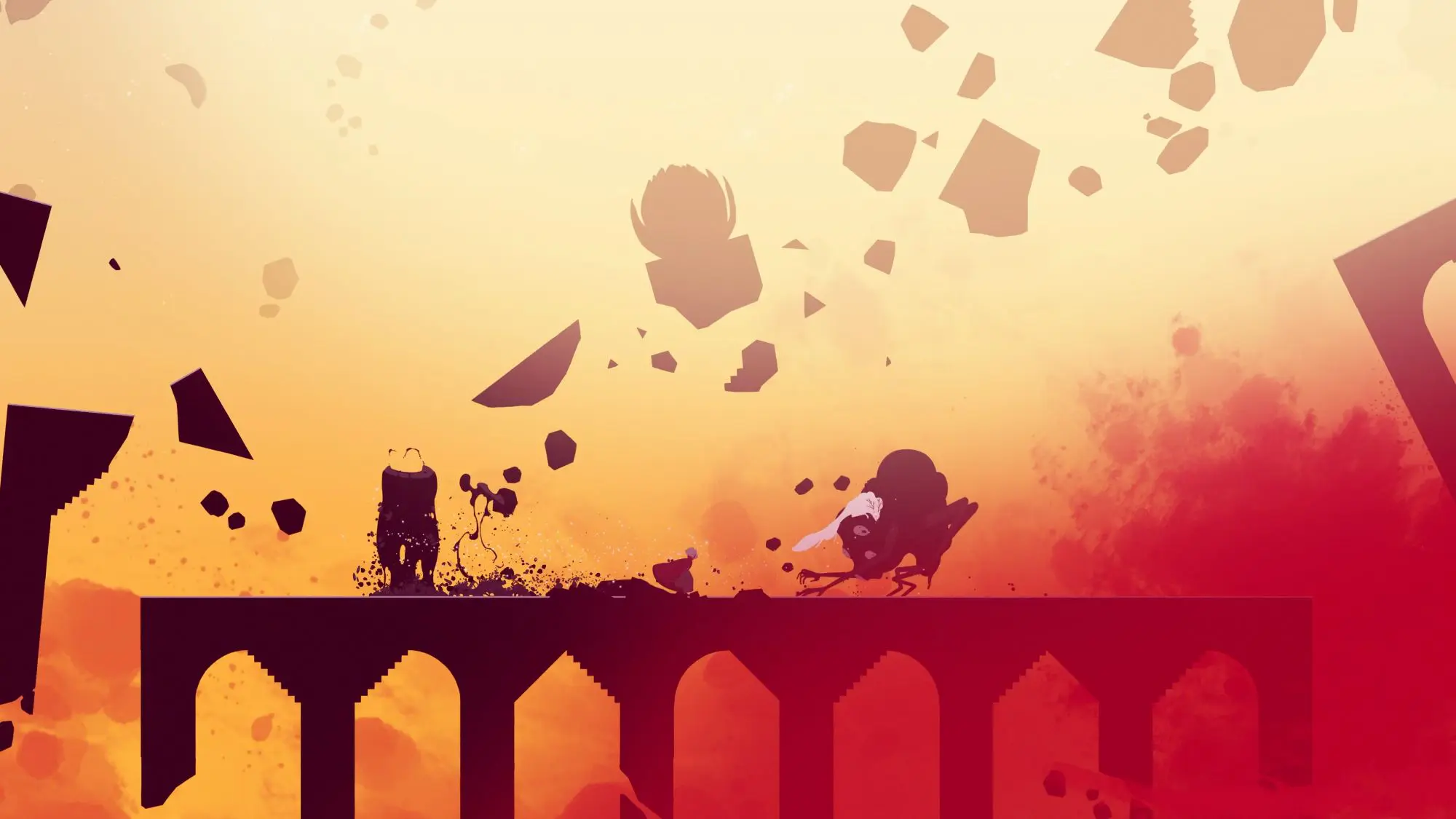 A bull like creature stood on a viaduct with rocks flying around it.