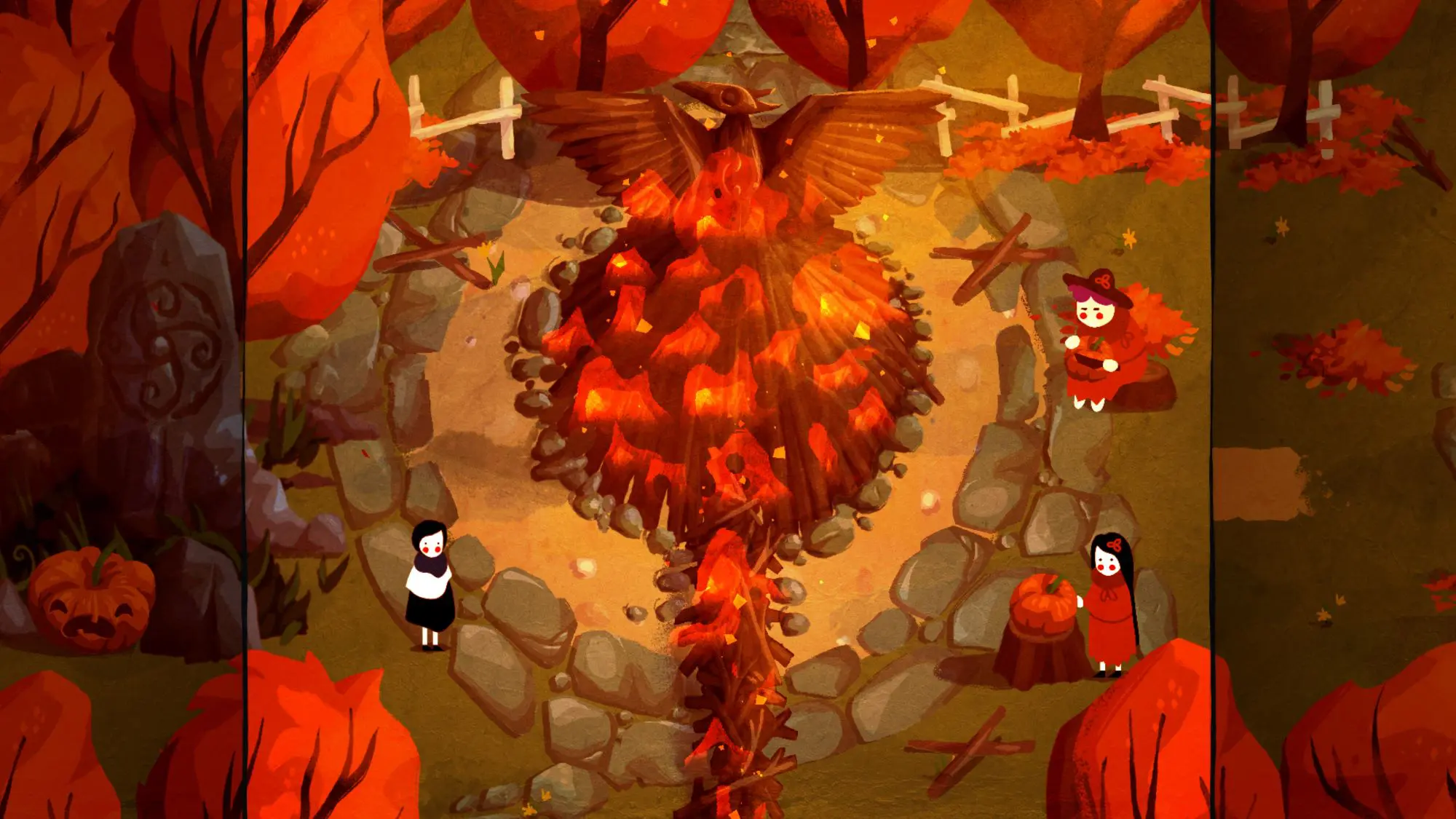 A stone circle with a pyre in the middle out of which a phoenix is rising.