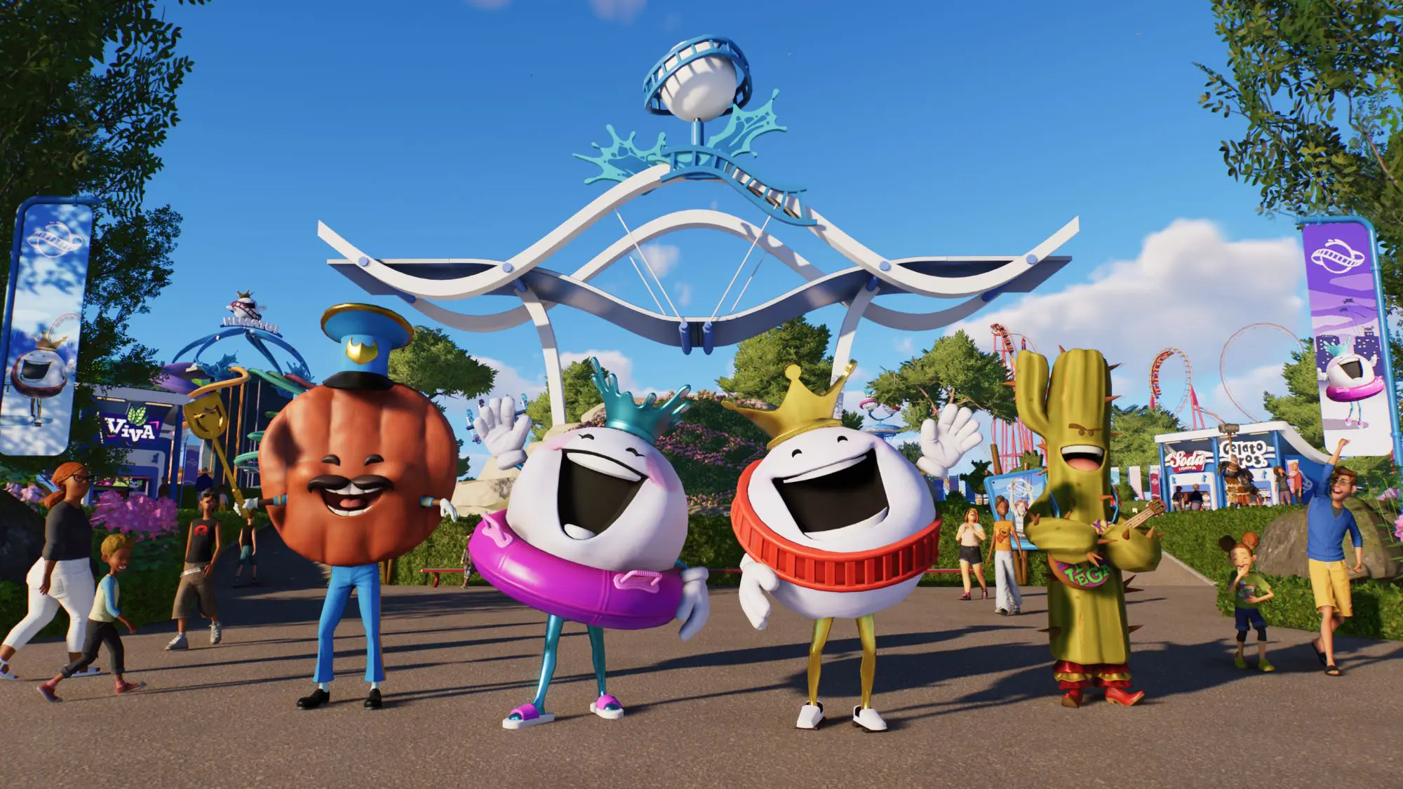 Four theme park characters smiling and waving in front of an entrance gate.