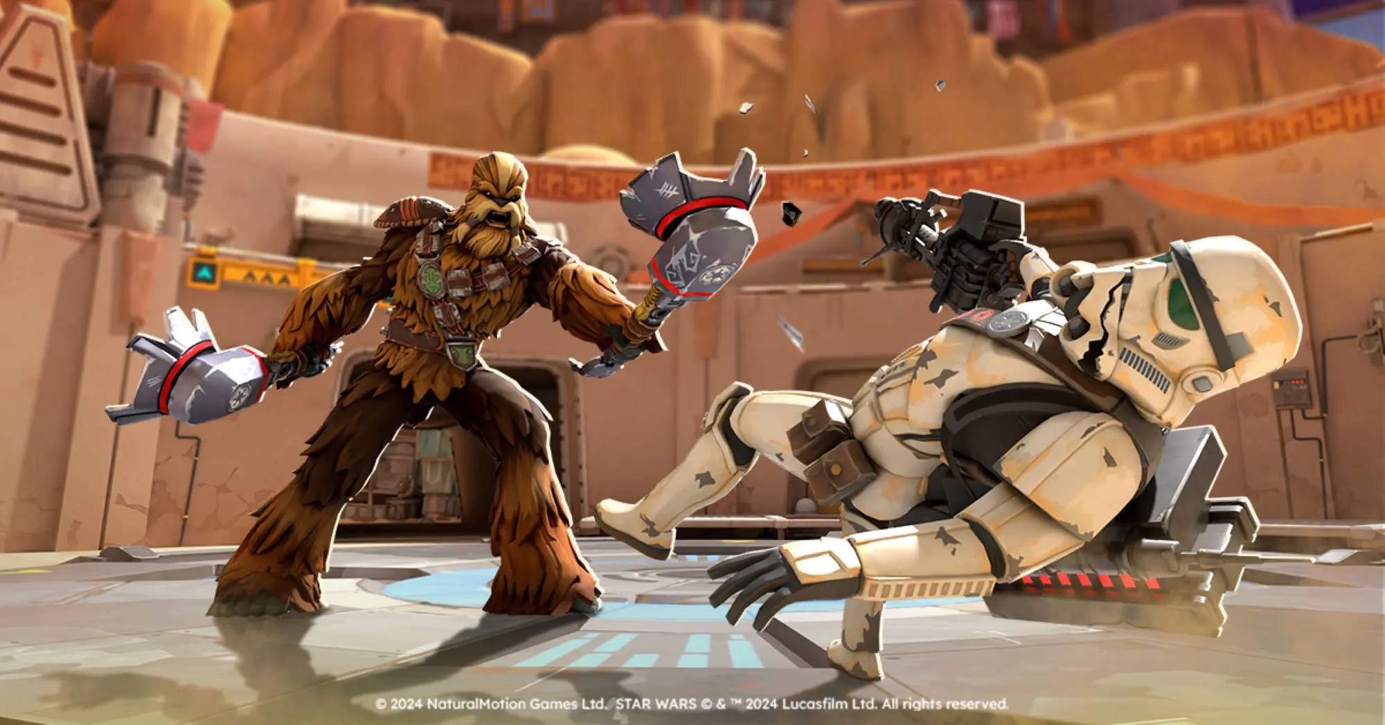 A cartoon Chewbacca holding large silver weapons and knocking out a stormtrooper.