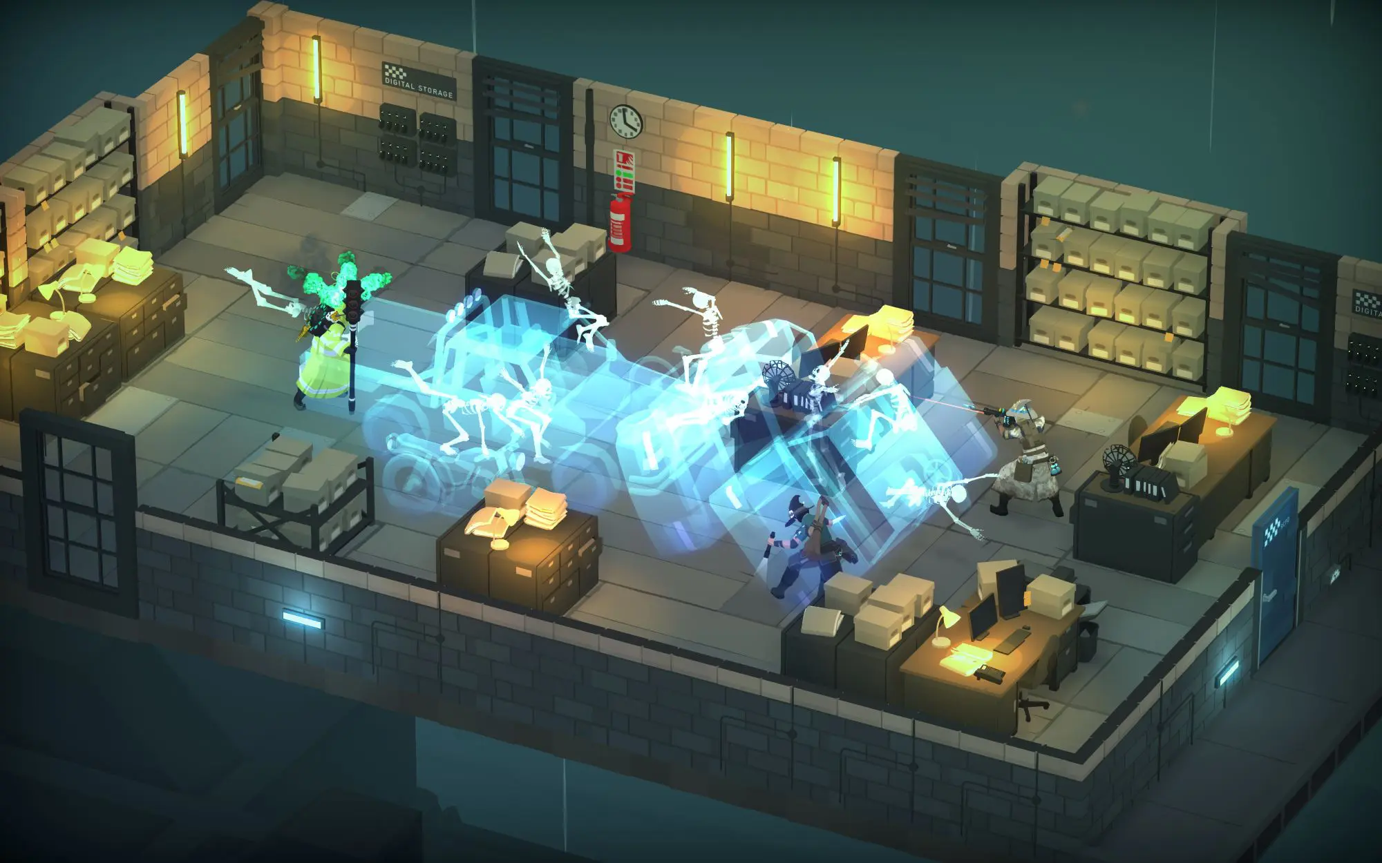 A blocky looking room with glowing ghost like figures of vehicles crashing in the middle of it.
