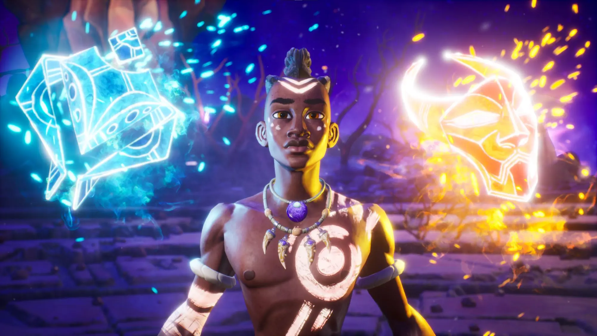 A cartoon brown man with patterns drawn on his chest and arm. There are glowing mask like images either side of him.