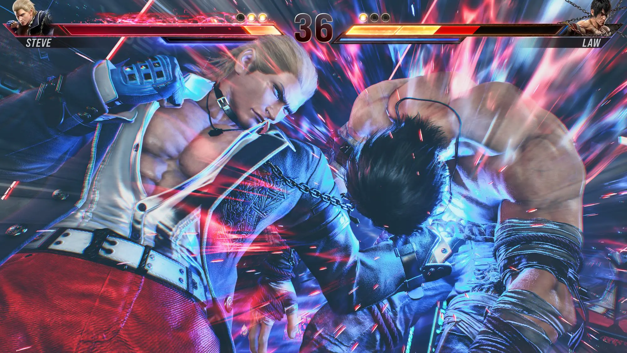 Two large male figures with chests on display fighting each other. The one on the left has knocked out the one on the right.