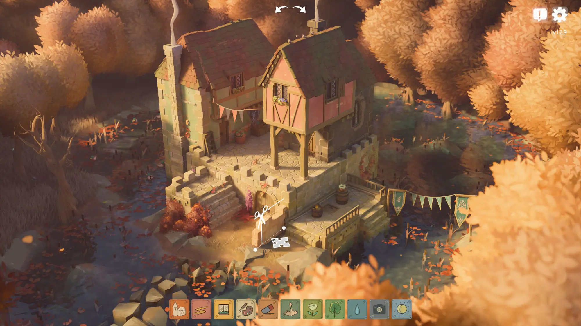 A village like setting with pink Tudor looking house on stilts.