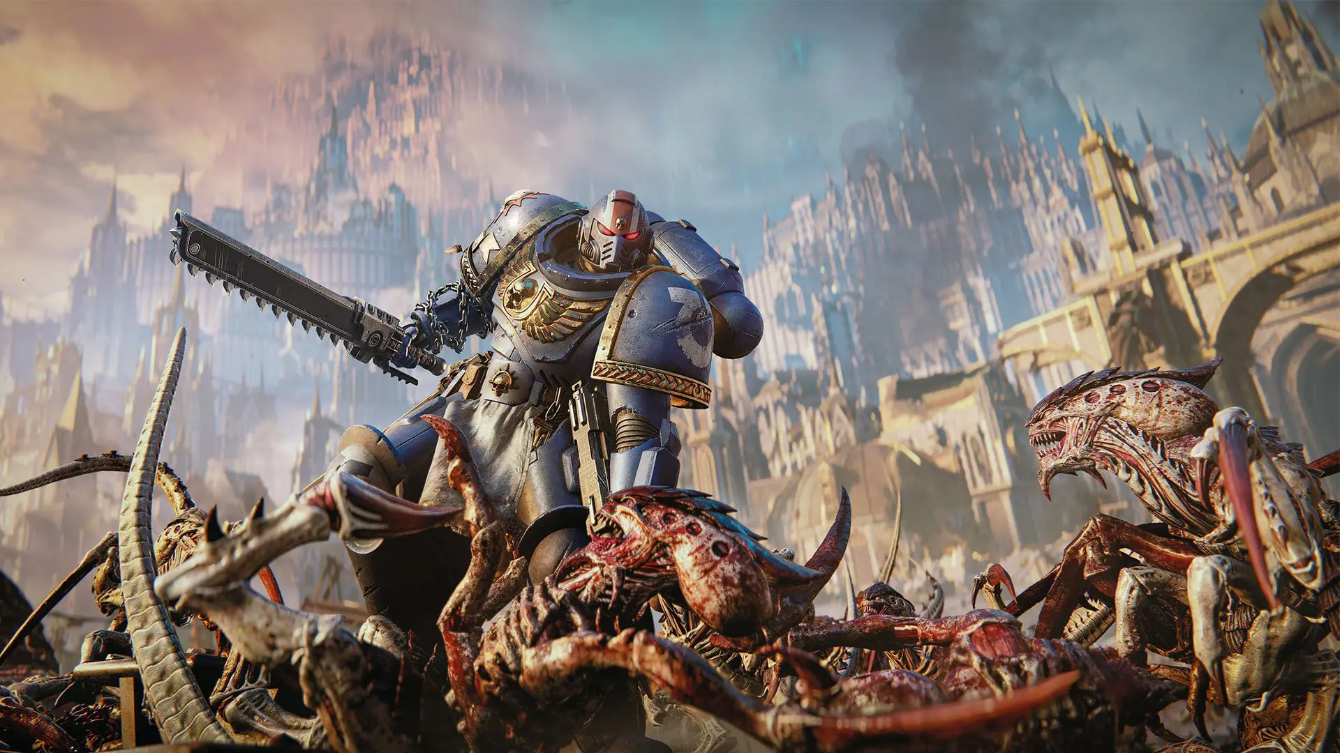 A fully armoured figure with a helmet with glowing red eyes and a chainsaw in its hand.