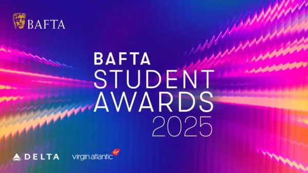 A blue and purple background with the words 'BAFTA Student Awards 2025' on it. At the bottom are the Delta Airways and Virgin Atlantic logos.