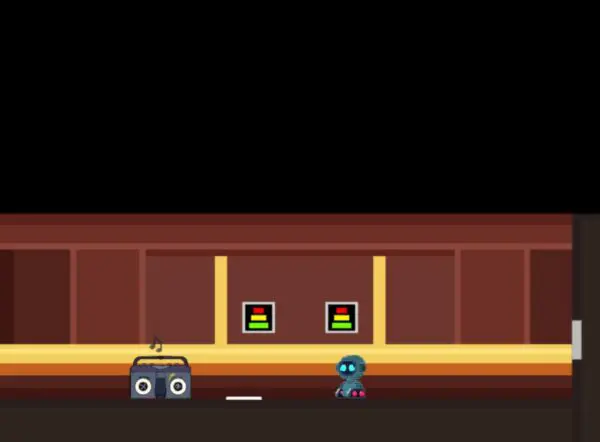 A screenshot of the Factory Protocol game. A small robot rolls towards a boombox.