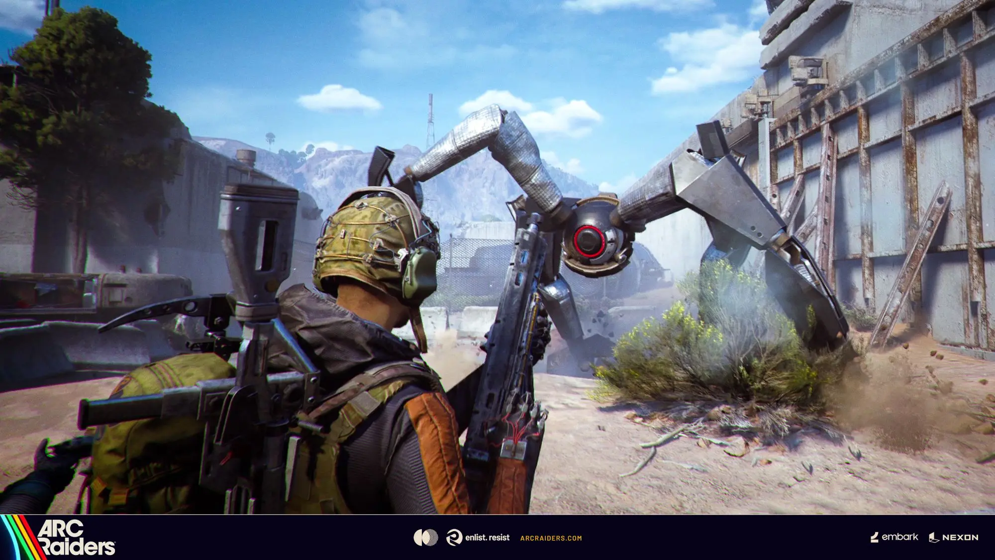 A still from the game ARC Raiders. A figure in military gear holding a gun facing a large machine with a circle in the middle and long spidery metal legs.
