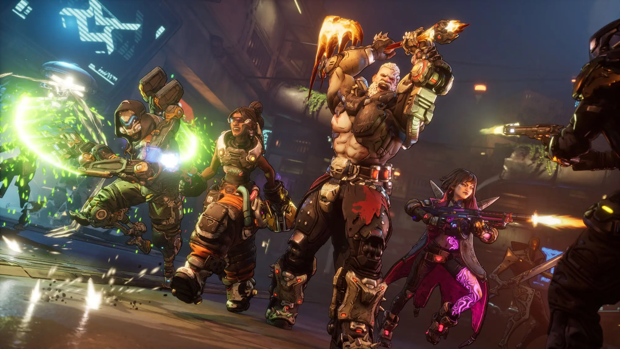 A still from the game Borderlands 4. A group of five vigilante style characters wielding weapons and striding through the street as other figures fire at them.