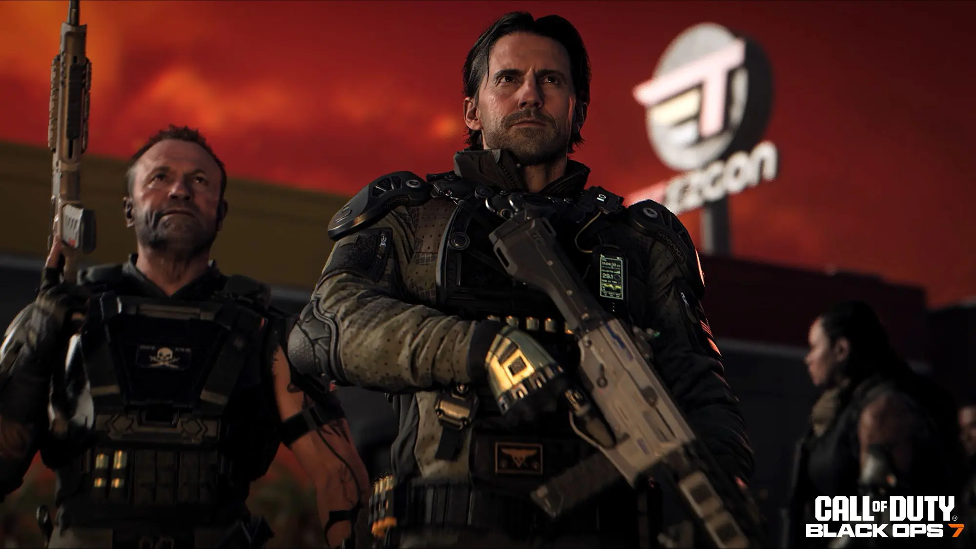 A still from the game Call of Duty Black Ops 7. A close up of two male figures wearing bulletproof vests and holding guns.