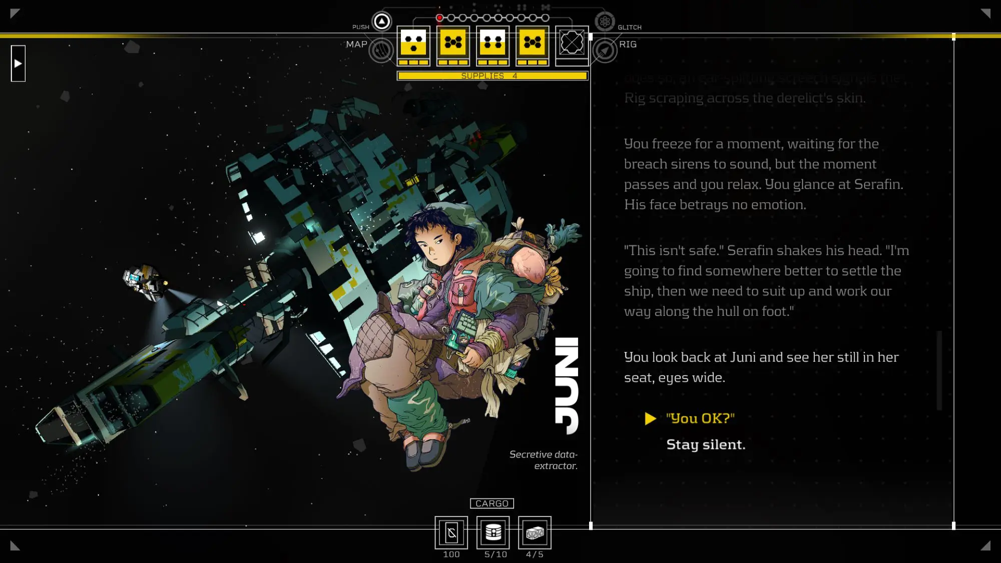 A still from the game Citizen Sleeper 2. A young person wrapped in lots of layers is floating in pace next to a spaceship. To the right is a box of text explaining what is going on.