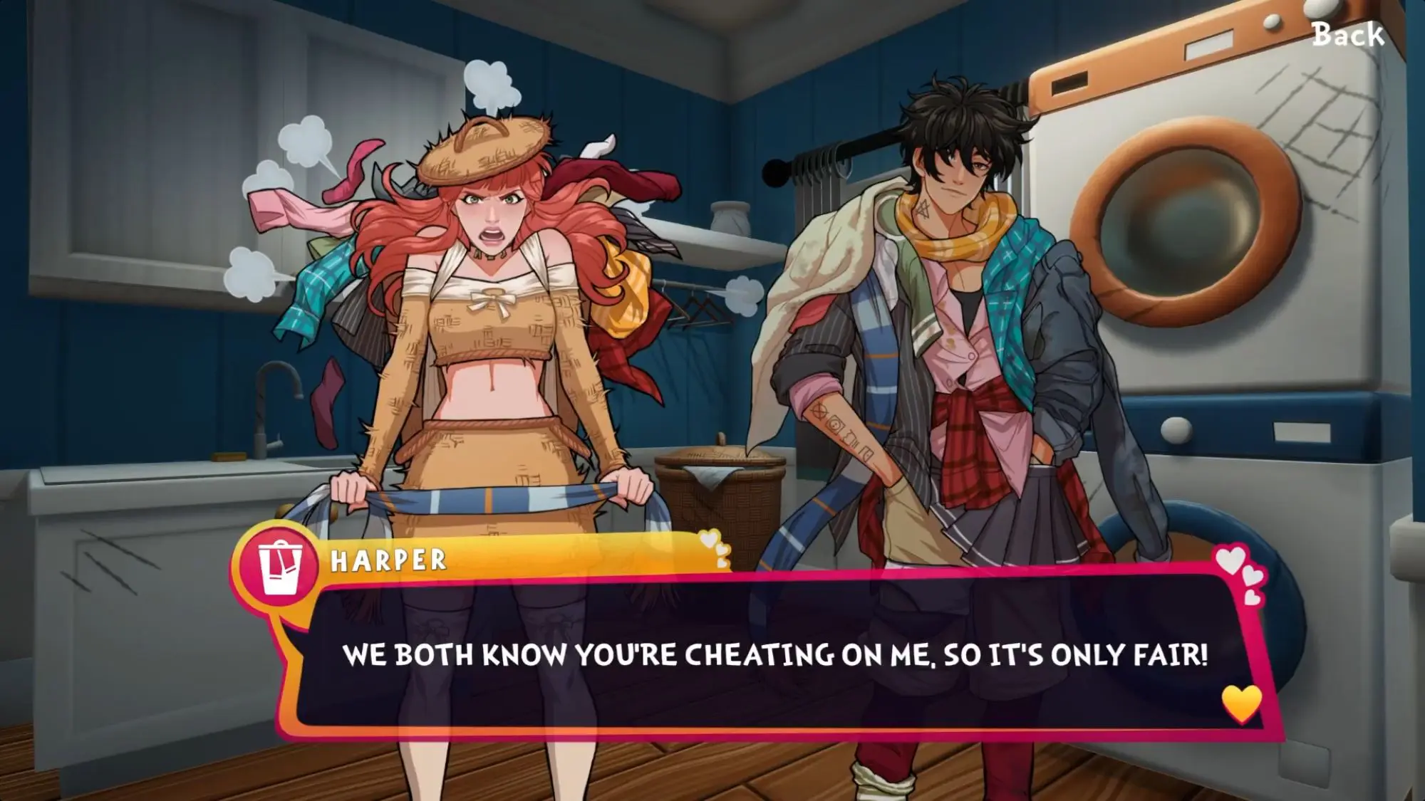 A still from the game Date Everything!. Two anime style characters - a woman and a man - wearing multiple layers of clothes in a laundry room. Beneath them is a dialogue box.