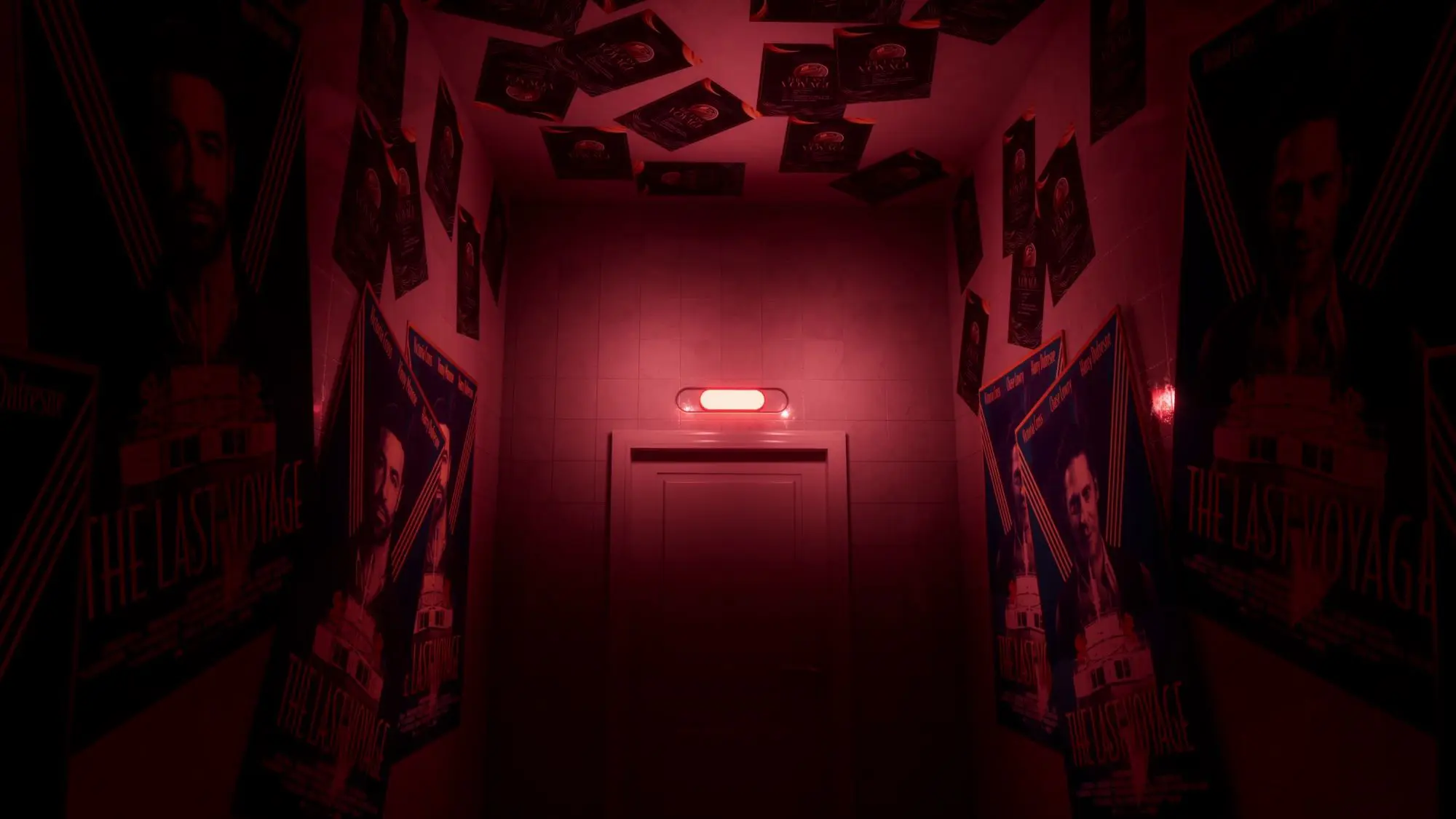 A still from the game Dead Take. a darkened corridor with a door at the end which has a red emergency style light above it. On the walls and ceilings of the corridor are posters of a mans face and the message 'The Last Voyage'.
