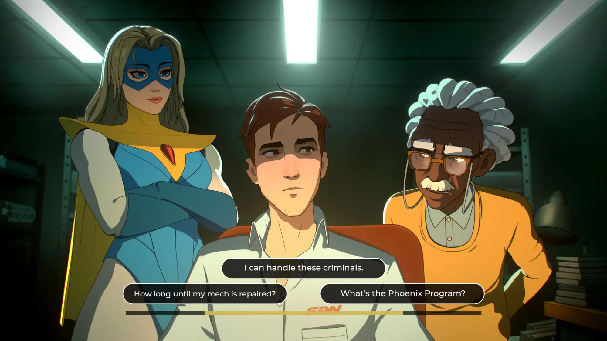 A still from the game Dispatch. A cartoon figure of a female superhero with a cape and mask stood next to a cartoon figure of a man sat in an orange office style chair and a cartoon man with white hair, thick eyebrows and glasses on a string. There are dialogue boxes beneath each of them.