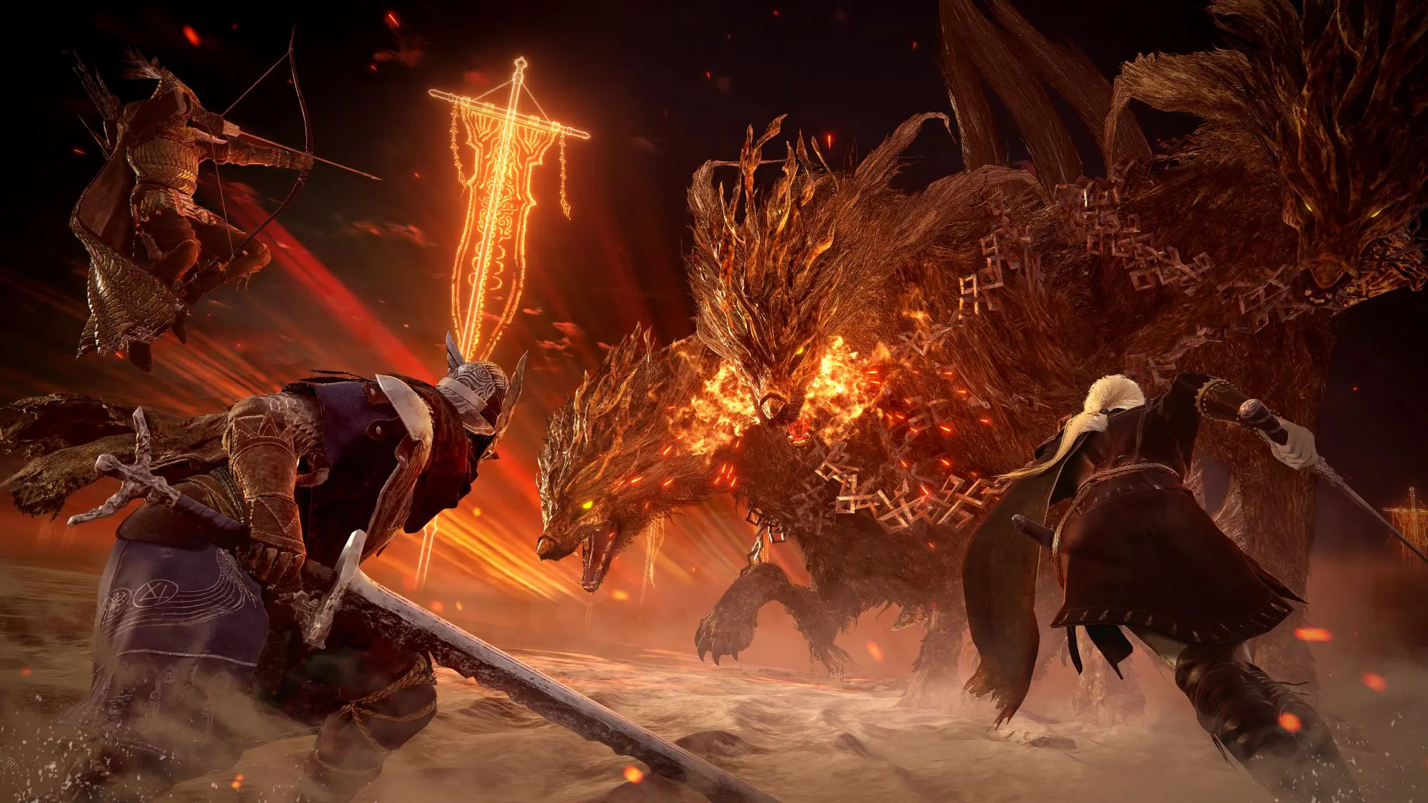 A still from the game ELDEN RING NIGHTREIGN. Three mystically dressed figures do battle with a large three headed creature which looks to be on fire.