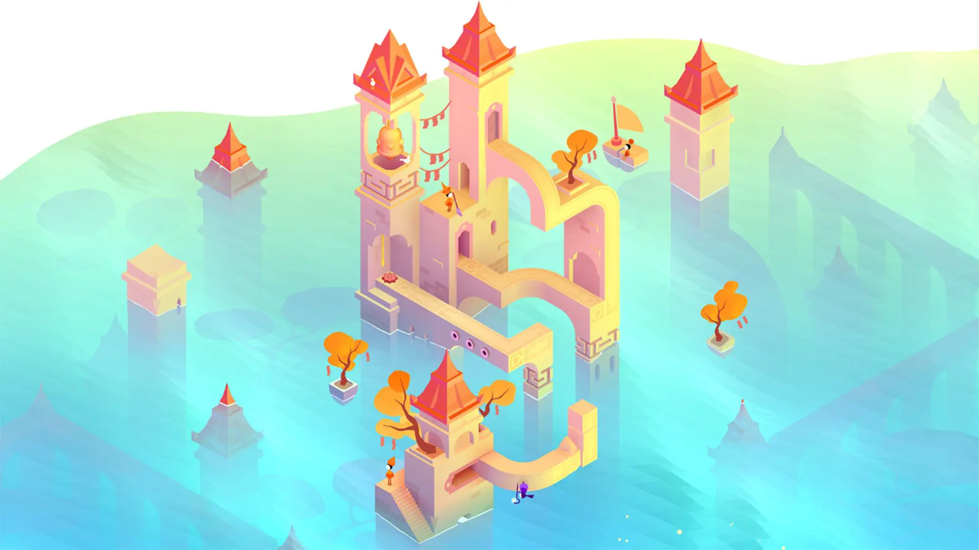 A still from the game Monument Valley 3. A castle-like structure, with bell tower, rising through a watery blue sky.