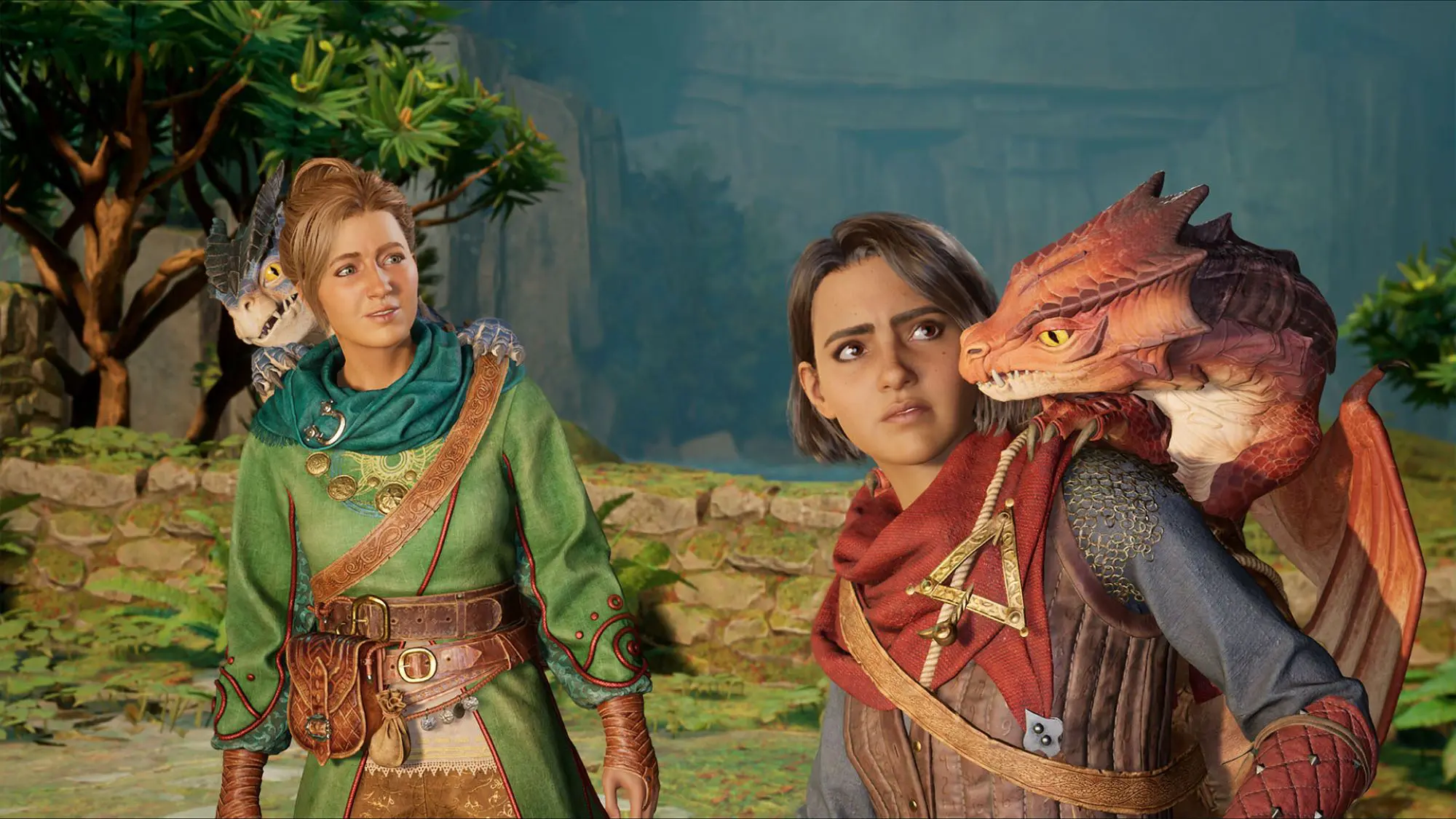 A still from the game Split Fiction. Two women dressed in medieval type clothes with dragons on their backs.